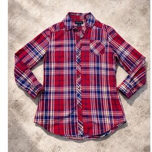 Arizona Jeans Plaid Button Up Shirt Womens L Red Blue Long Sleeve Cotton